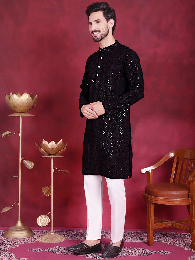 Men's Sequins Chikankari Embroidered Kurta With Pajama