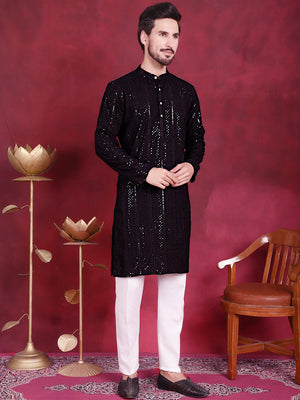 Men's Sequins Chikankari Embroidered Kurta With Pajama