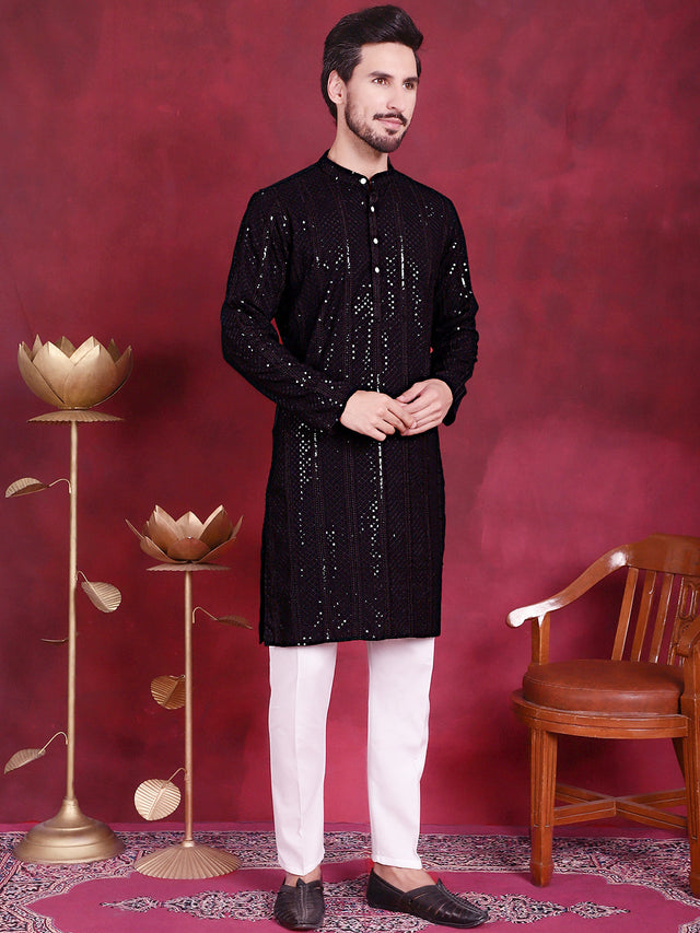 Men's Sequins Chikankari Embroidered Kurta With Pajama