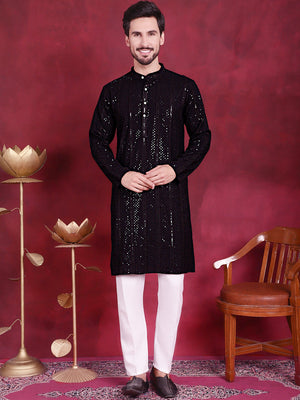 Men's Sequins Chikankari Embroidered Kurta With Pajama