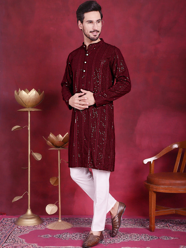 Men's Sequins Chikankari Embroidered Kurta With Pajama