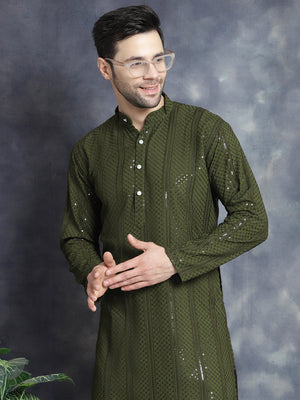 Men's Sequins Chikankari Embroidered Kurta With Pajama
