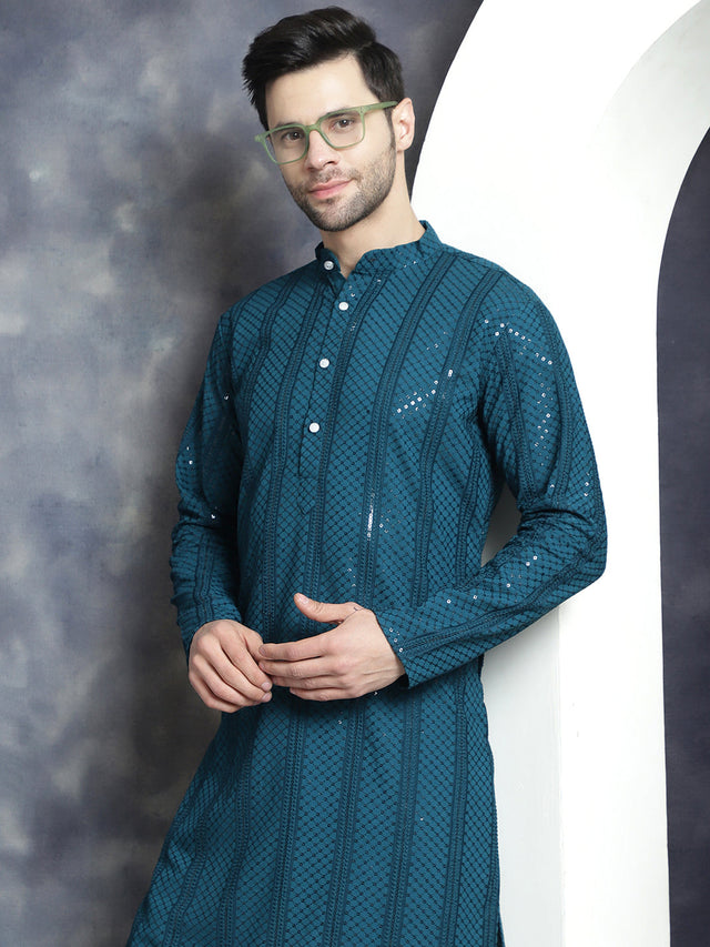 Men's Sequins Chikankari Embroidered Kurta With Pajama