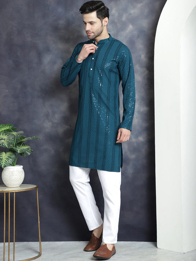 Men's Sequins Chikankari Embroidered Kurta With Pajama