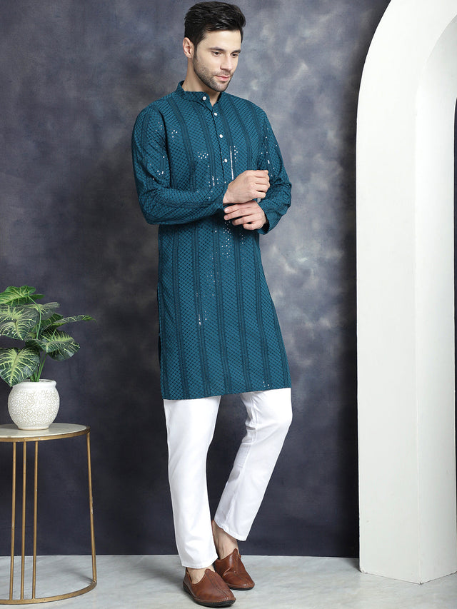 Men's Sequins Chikankari Embroidered Kurta With Pajama