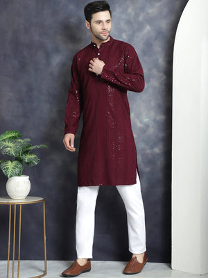 Men's Sequins Chikankari Embroidered Kurta With Pajama