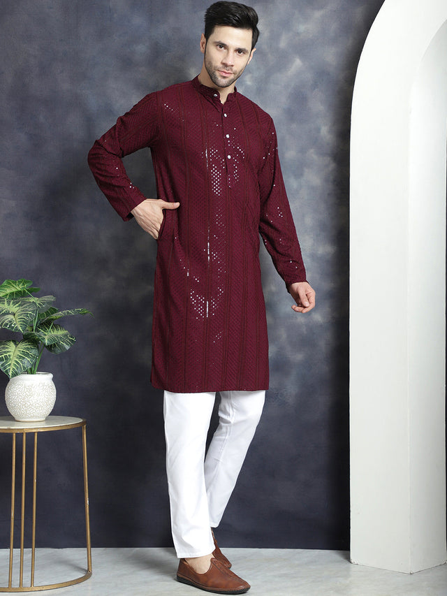 Men's Sequins Chikankari Embroidered Kurta With Pajama