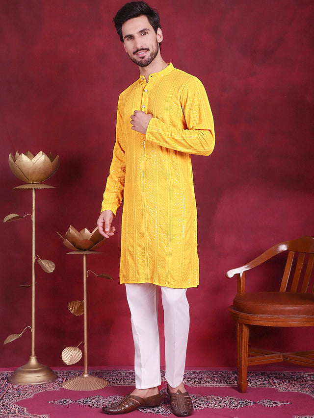 Men's Sequins Chikankari Embroidered Kurta With Pajama
