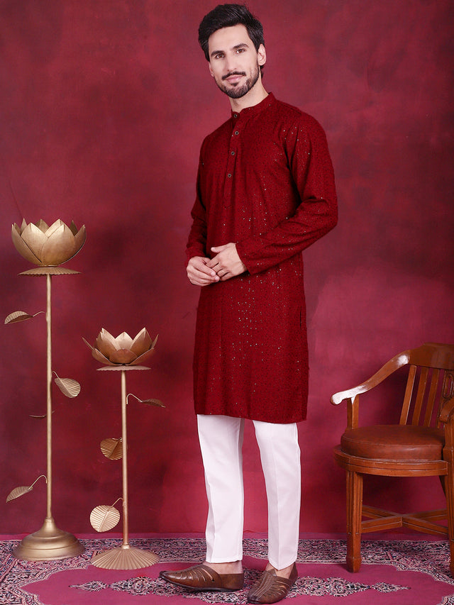 Sequins Chikankari Kurta With Pajama (JOKP_5018Maroon)