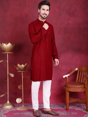 Sequins Chikankari Kurta With Pajama (JOKP_5018Maroon)