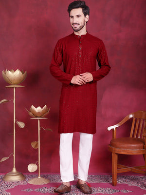 Sequins Chikankari Kurta With Pajama (JOKP_5018Maroon)