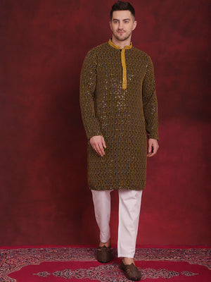 Men's Sequins Chikankari Embroidered Kurta With Pajama