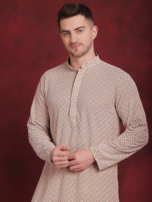 Men's Sequin Embroidered Pure Cotton Kurta With Pajamas (JOKP_P_5028Beige)