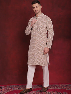 Men's Sequin Embroidered Pure Cotton Kurta With Pajamas (JOKP_P_5028Beige)