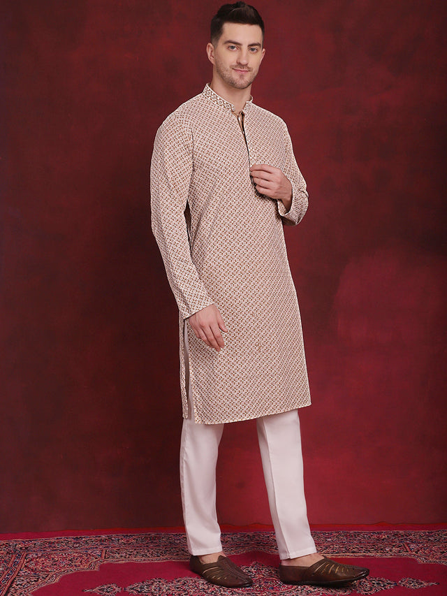 Men's Sequin Embroidered Pure Cotton Kurta With Pajamas (JOKP_P_5028Beige)