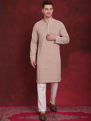 Men's Sequin Embroidered Pure Cotton Kurta With Pajamas (JOKP_P_5028Beige)