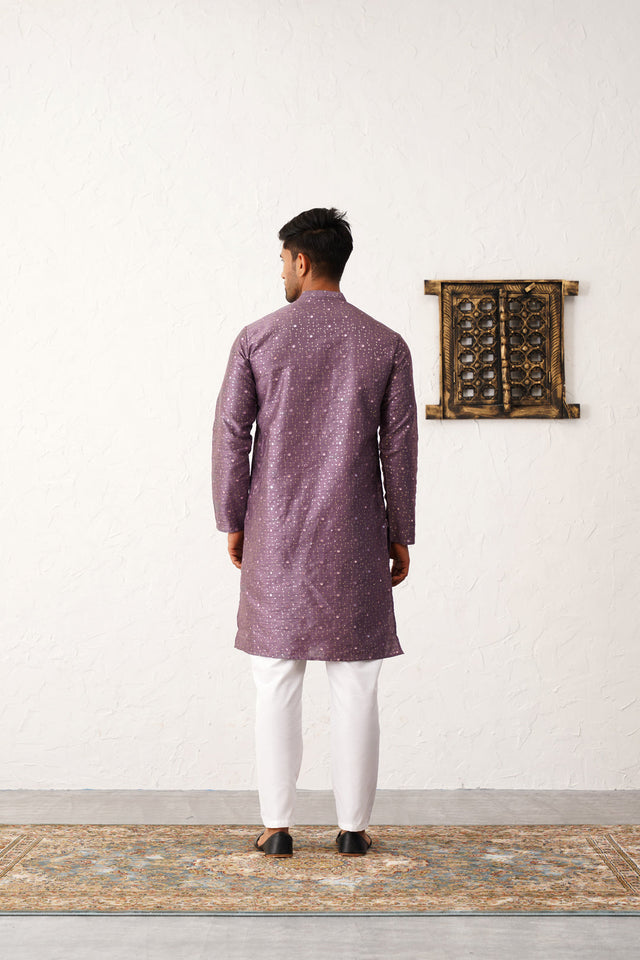 Purple Silk Printed Embroidered Kurta Pajama Set - XL