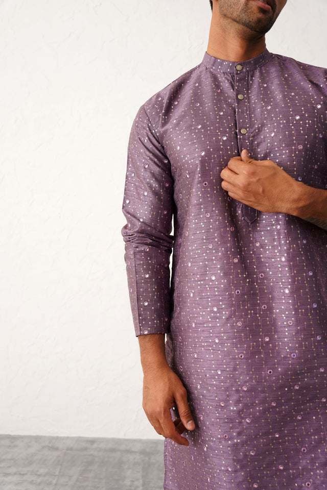 Purple Silk Printed Embroidered Kurta Pajama Set - XL