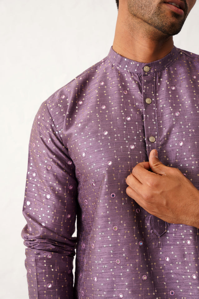 Purple Silk Printed Embroidered Kurta Pajama Set - XL