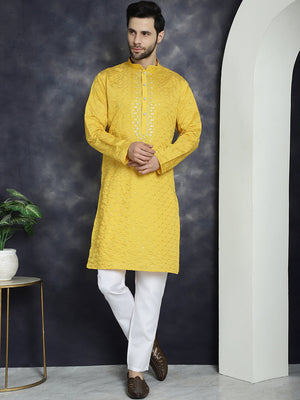 Men's Sequins Embroidered Kurta With Pajama (JOKP_P_5044Mustard)