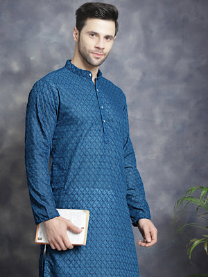 Men's Blue Chikankari Cotton Kurta