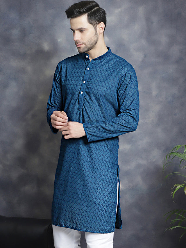 Men's Blue Chikankari Cotton Kurta