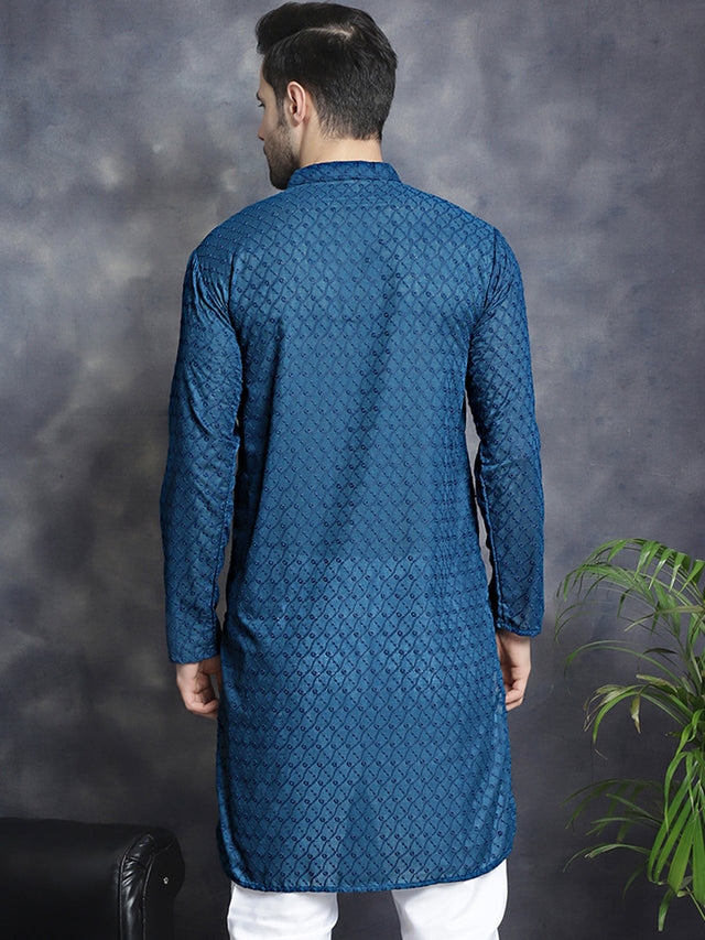 Men's Blue Chikankari Cotton Kurta