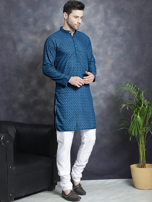 Men's Blue Chikankari Cotton Kurta