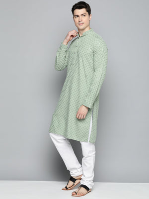 Men Pista Green Chikankari Embroidered And Sequin Kurta With Churidar
