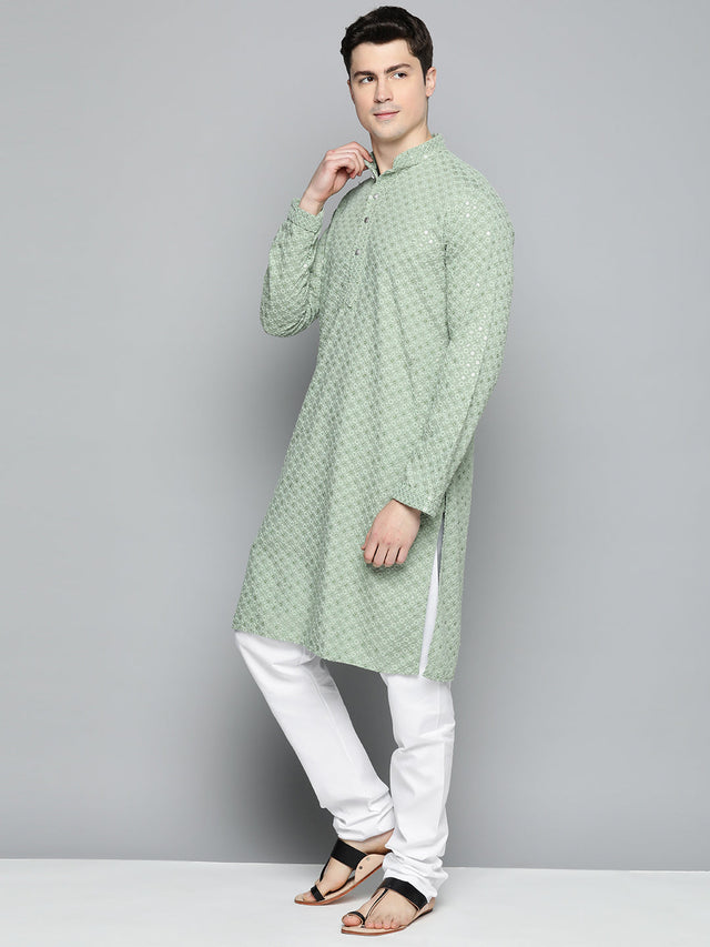 Men Pista Green Chikankari Embroidered And Sequin Kurta With Churidar
