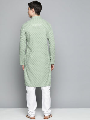 Men Pista Green Chikankari Embroidered And Sequin Kurta With Churidar