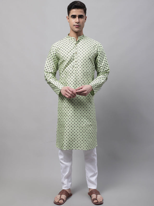 Men's Pista Green Printed Silk Blend Kurta Pajama