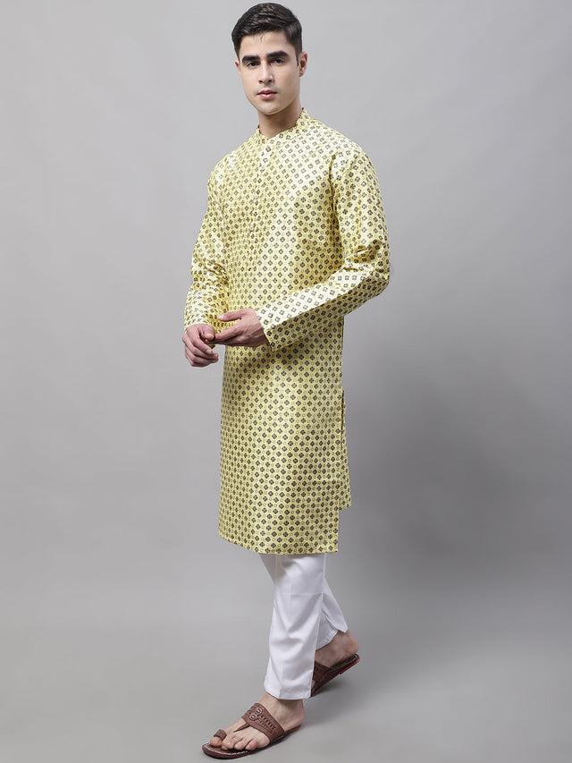 Men's Yellow Printed Silk Blend Kurta Pajama
