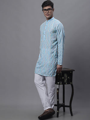 Men's Sky Blue And Multi Colored Embroidered Straight Kurta Pajama Set