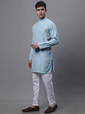 Men's Sky Blue And Multi Colored Embroidered Straight Kurta Pajama Set