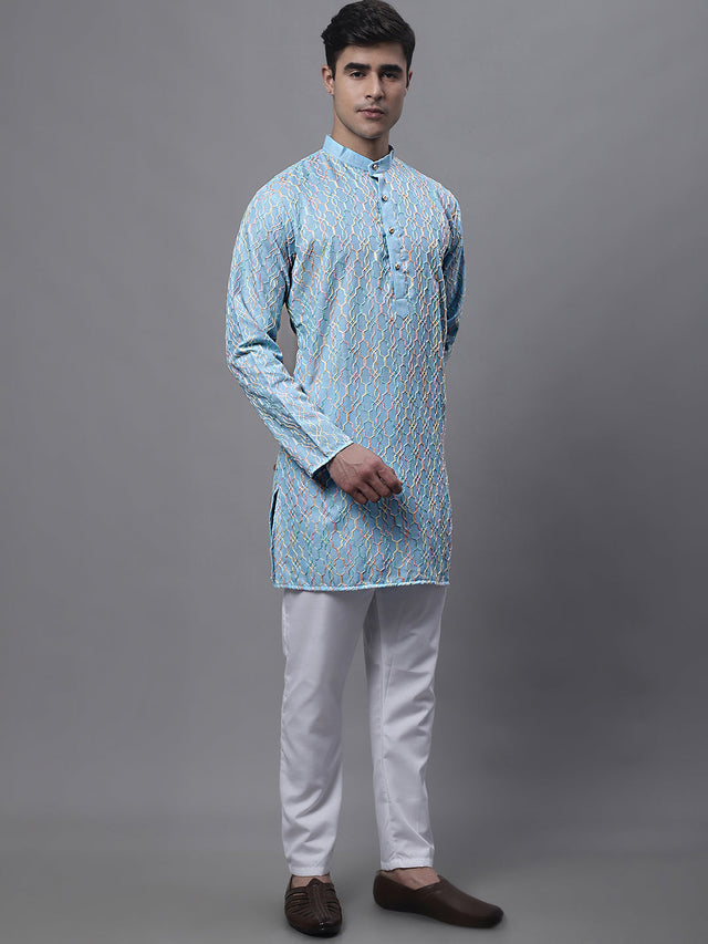 Men's Sky Blue And Multi Colored Embroidered Straight Kurta Pajama Set