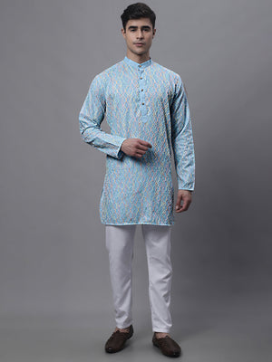 Men's Sky Blue And Multi Colored Embroidered Straight Kurta Pajama Set