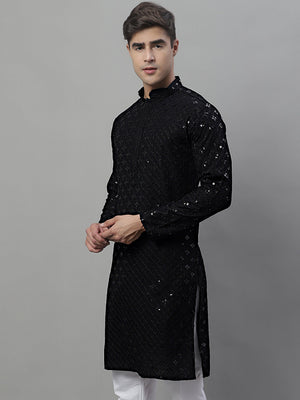 Men's Black Chikankari Embroidered And Sequin Kurta