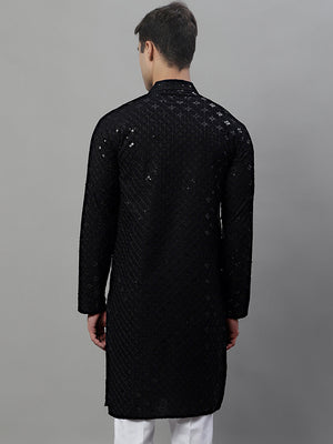 Men's Black Chikankari Embroidered And Sequin Kurta