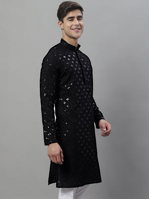 Men's Black Chikankari Embroidered And Sequin Kurta