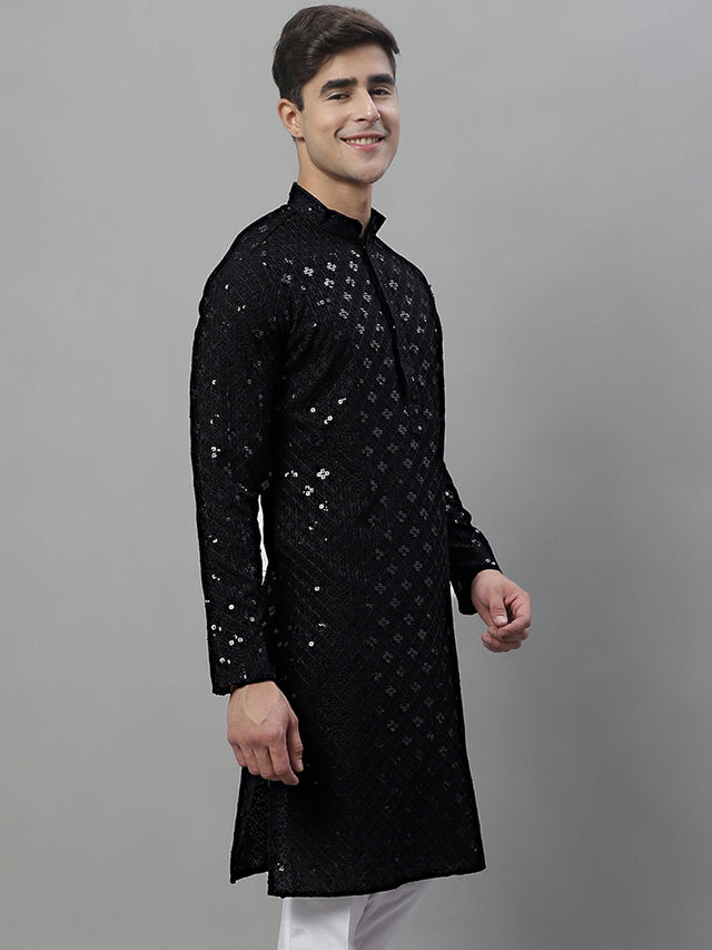 Men's Black Chikankari Embroidered And Sequin Kurta