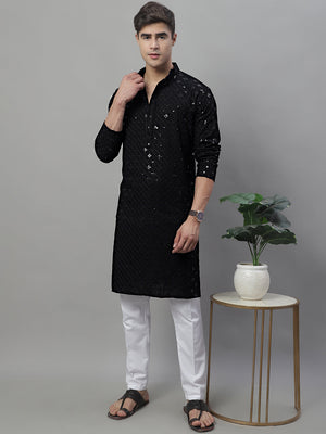 Men's Black Chikankari Embroidered And Sequin Kurta