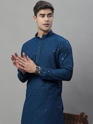 Men's Peacock Blue Chikankari Embroidered And Sequin Kurta