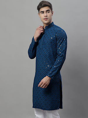 Men's Peacock Blue Chikankari Embroidered And Sequin Kurta
