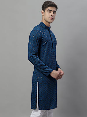 Men's Peacock Blue Chikankari Embroidered And Sequin Kurta