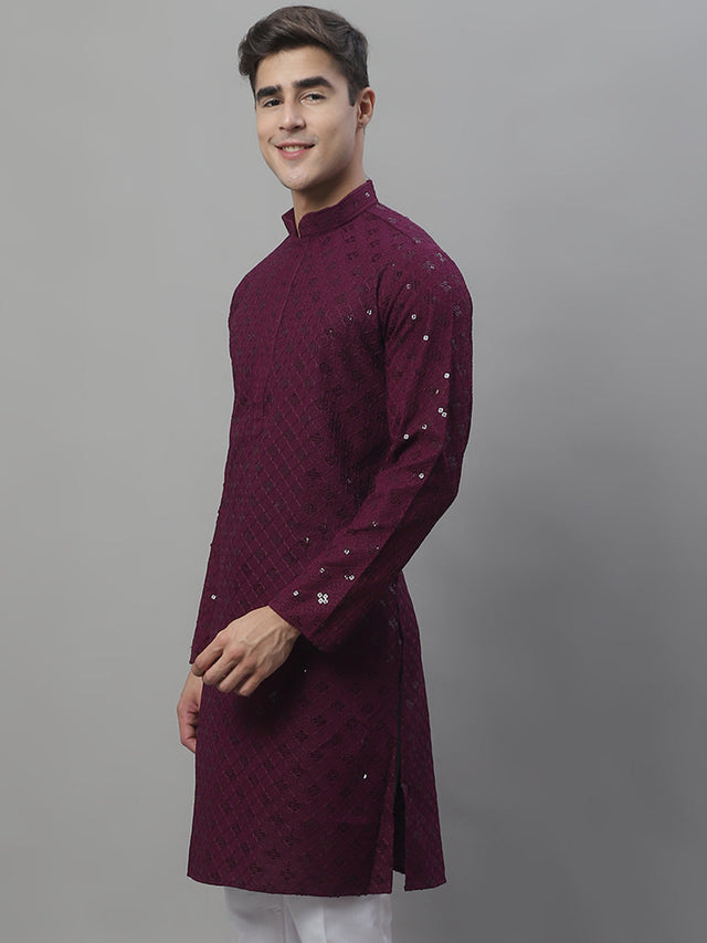 Men's Purple Chikankari Embroidered And Sequin Kurta