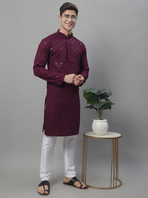 Men's Purple Chikankari Embroidered And Sequin Kurta