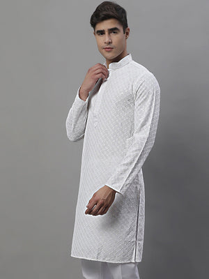 Men's White Chikankari Embroidered And Sequins Kurta