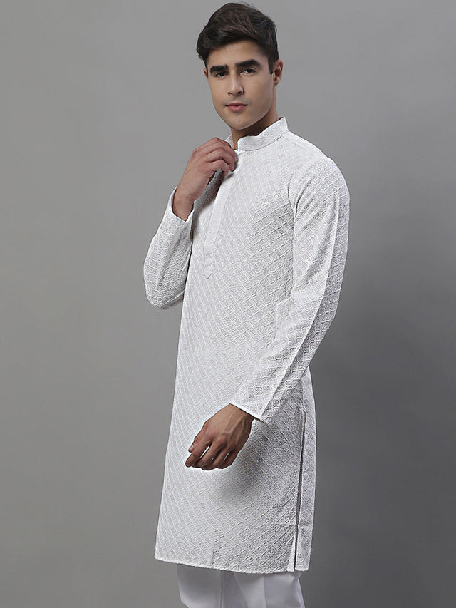Men's White Chikankari Embroidered And Sequins Kurta