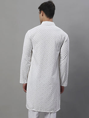 Men's White Chikankari Embroidered And Sequins Kurta
